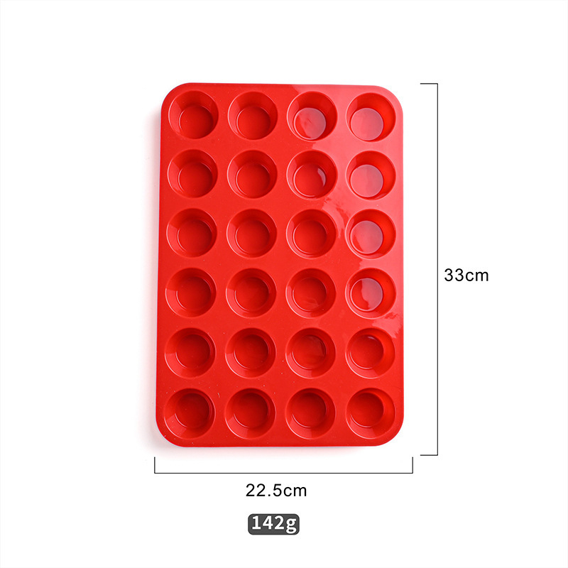 Formă din silicon cu 24 cavități, rotundă, pentru mini brioșe, rezistentă la temperaturi înalte, roșie, 33×22,5 cm