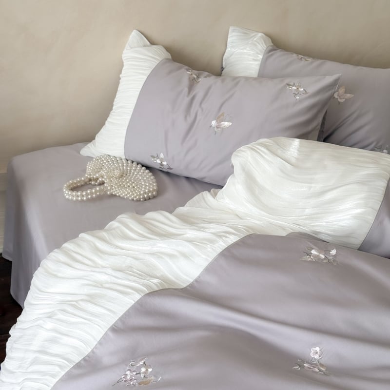 Set de pat din bumbac 100S, patru piese, cu broderie și dantelă, stil prințesă, modele solide sau florale