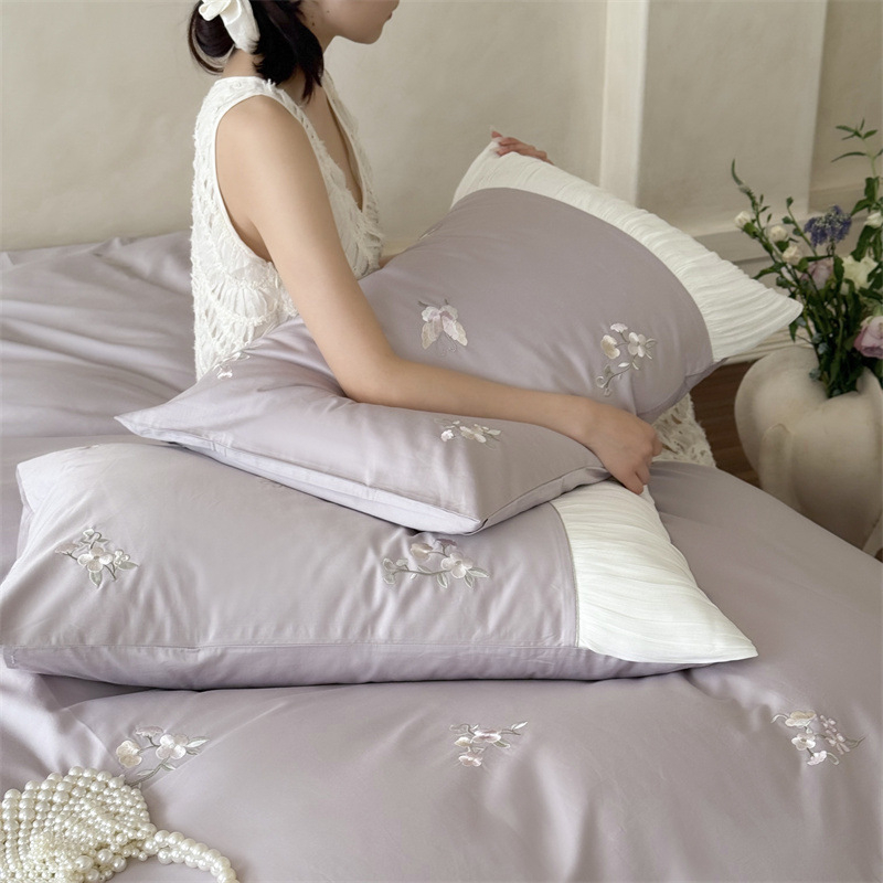 Set de pat din bumbac 100S, patru piese, cu broderie și dantelă, stil prințesă, modele solide sau florale
