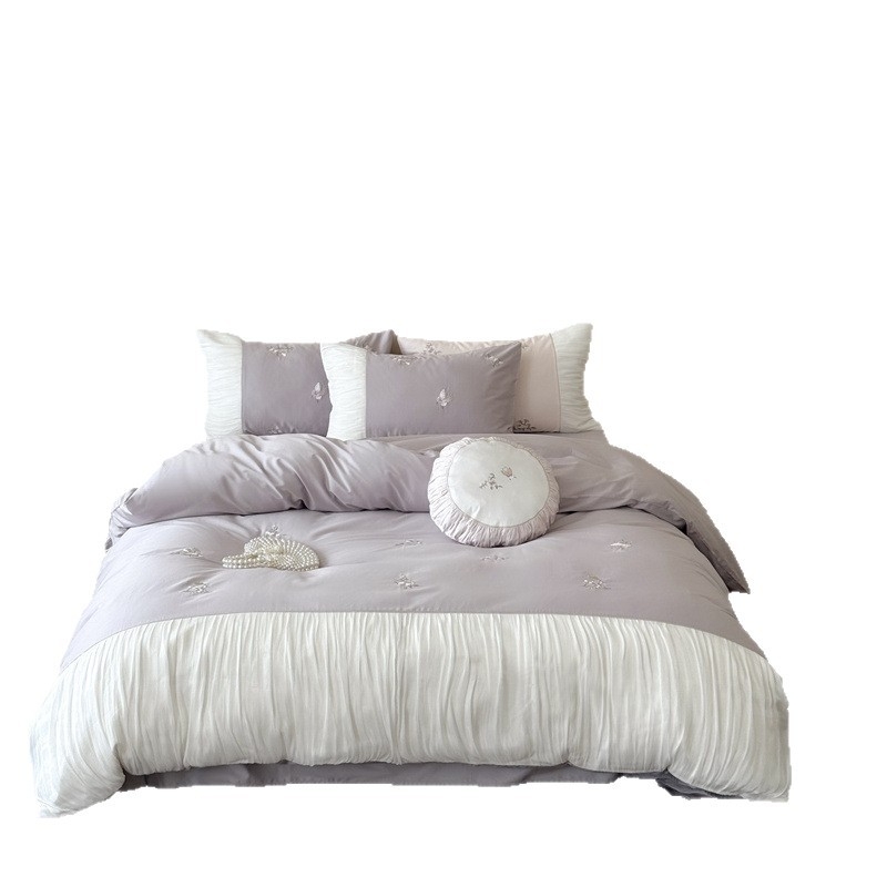 Set de pat din bumbac 100S, patru piese, cu broderie și dantelă, stil prințesă, modele solide sau florale