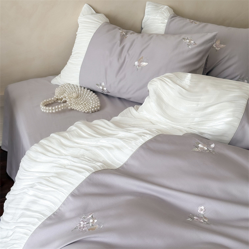 Set de pat din bumbac 100S, patru piese, cu broderie și dantelă, stil prințesă, modele solide sau florale
