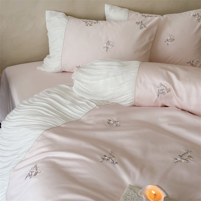 Set de pat din bumbac 100S, patru piese, cu broderie și dantelă, stil prințesă, modele solide sau florale