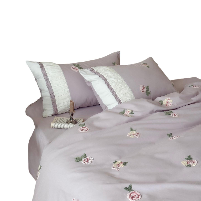 Set de lenjerie de pat din bumbac periat pentru toamnă‑iarnă, cu broderie de trandafiri – patru piese