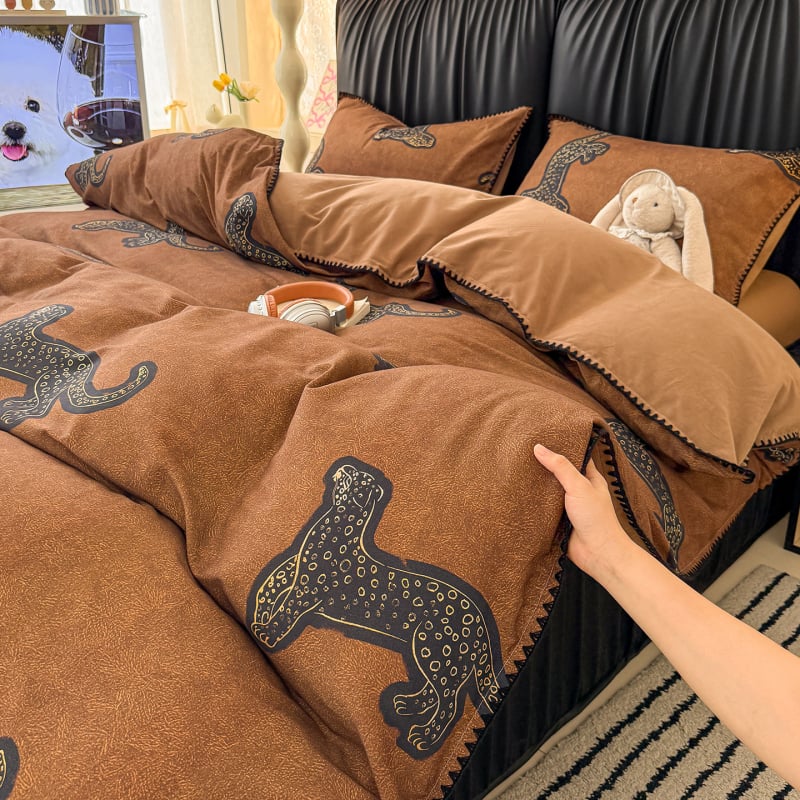 Set de lenjerie de pat din bumbac 100% de înaltă calitate, patru piese, imprimeu leopard în stil mid-century, bumbac 60S cu finisaj catifelat