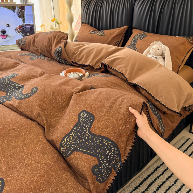 Set de lenjerie de pat din bumbac 100% de înaltă calitate, patru piese, imprimeu leopard în stil mid-century, bumbac 60S cu finisaj catifelat