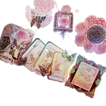 Bandă PET lucioasă cu flori retro pentru decor DIY al jurnalului