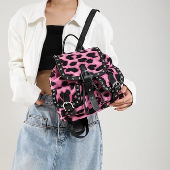 Leopard uzorak ruksak s preklopom, retro zapadnjački stil, metalnim zakovicama, velikog kapaciteta