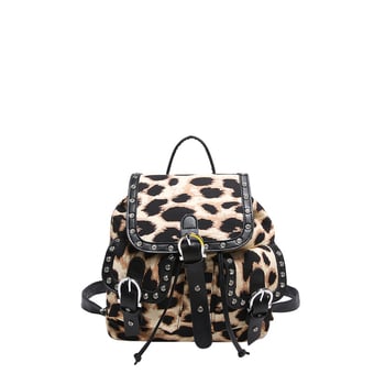 Leopard uzorak ruksak s preklopom, retro zapadnjački stil, metalnim zakovicama, velikog kapaciteta