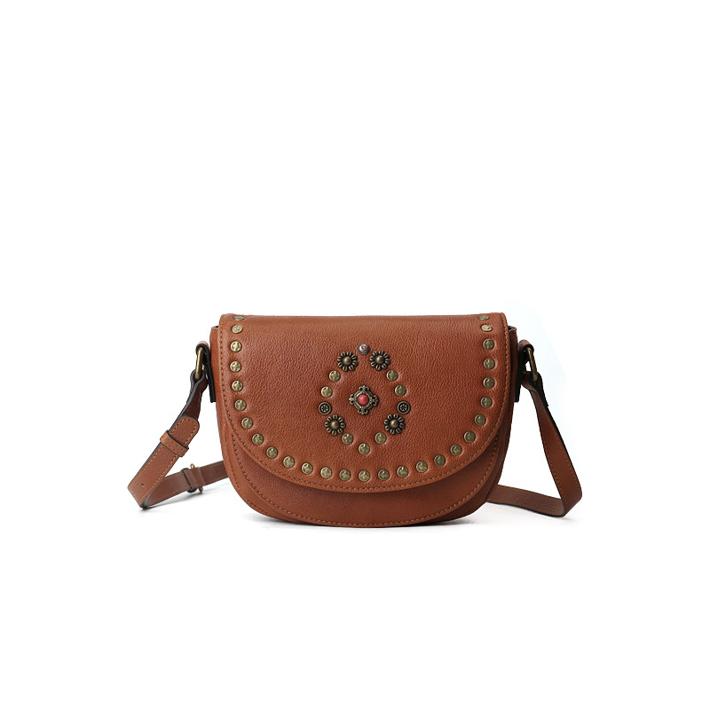 Torba u stilu sedla od prve sloje kože, riveti, ručno izrađeni ukrasi od kamenčića, retro crossbody za žene
