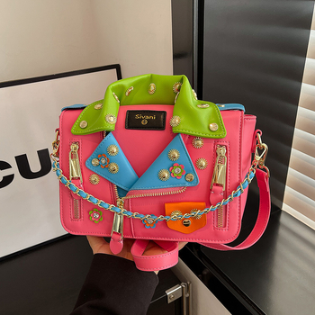 Ženska mini kvadratna PU torba s lancem, jakne stil, detalji riveta