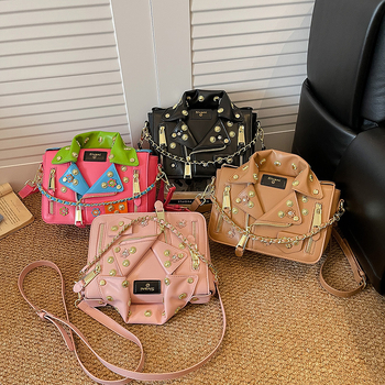 Ženska mini kvadratna PU torba s lancem, jakne stil, detalji riveta