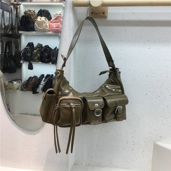 Ženska mini torbica u stilu biker s više džepova i zakovica, tote torba za rame ili crossbody, 2024