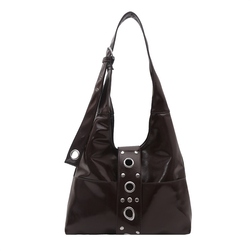 Ženska torba za rame tip tote s metalnim zakovicama, retro stil, plisirani detalji