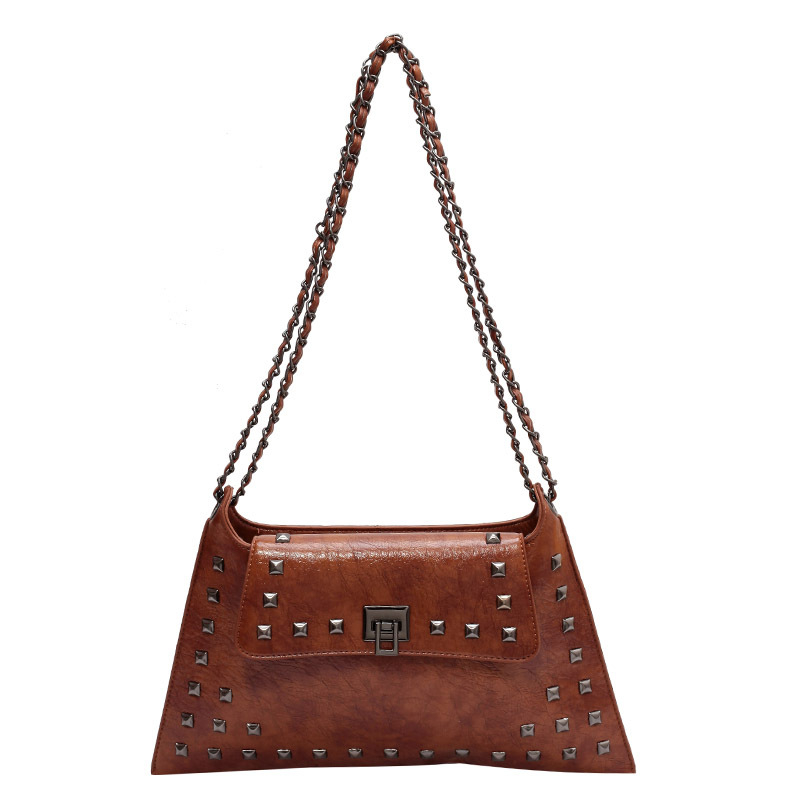 Vintage ženska torbica tipa kofer s nitima i lančanim remenom za rame, teksturirana crossbody