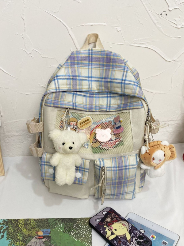 Harajuku inspirirani školski ruksak s kariranim uzorkom, unisex, 20–35 L, najlon, kompatibilan s 12-inčnim prijenosnikom, mladi kampus ruksak