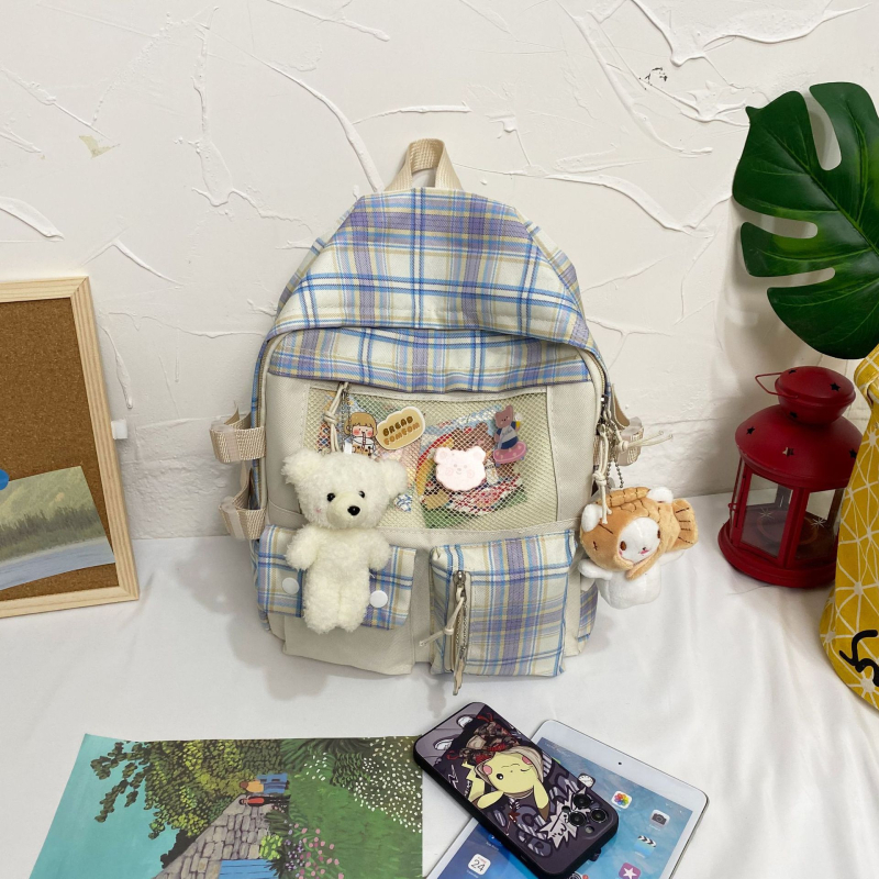 Harajuku inspirirani školski ruksak s kariranim uzorkom, unisex, 20–35 L, najlon, kompatibilan s 12-inčnim prijenosnikom, mladi kampus ruksak