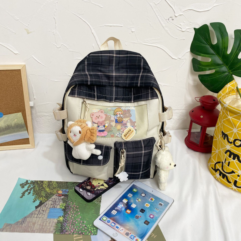 Harajuku inspirirani školski ruksak s kariranim uzorkom, unisex, 20–35 L, najlon, kompatibilan s 12-inčnim prijenosnikom, mladi kampus ruksak