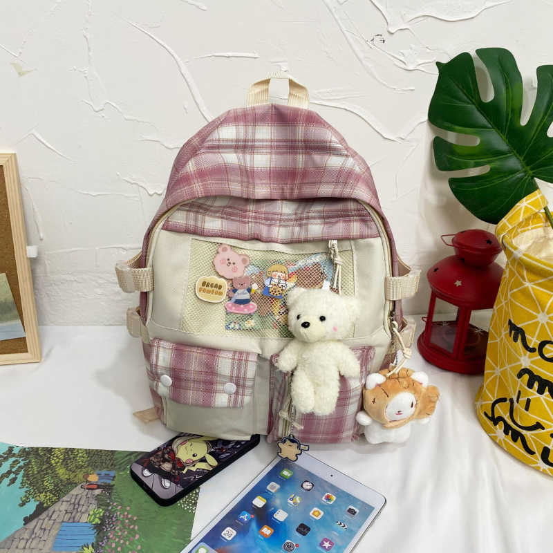 Harajuku inspirirani školski ruksak s kariranim uzorkom, unisex, 20–35 L, najlon, kompatibilan s 12-inčnim prijenosnikom, mladi kampus ruksak