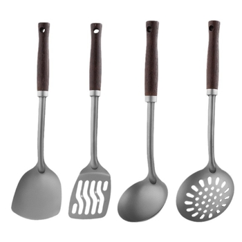 Set de ustensile din titan pur, cu mâner din lemn: spatulă pentru prăjit, lingură cu găuri, lingură de supă, patru piese