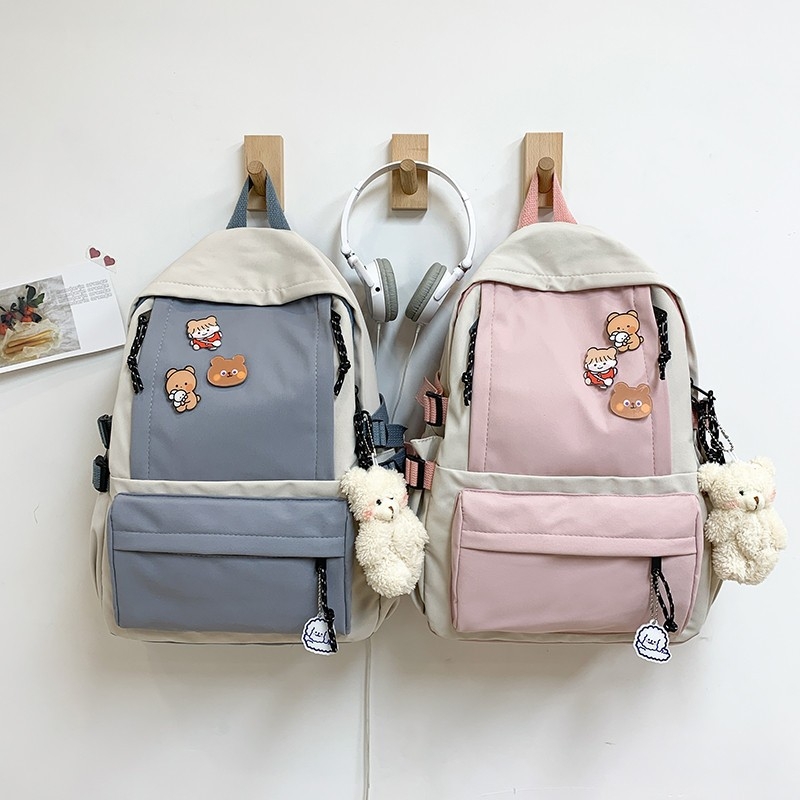 Nylon ruksak za školu, Harajuku stil, dizajn color-block, lagan za učenike od 3. do 6. razreda