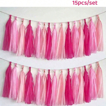 Flori din hârtie cu ciucuri, perdea din satin ca ploaie; fundal pentru sală de clasă și sărbători, decor pentru prima petrecere de ziua de naștere, pachet de panglici colorate