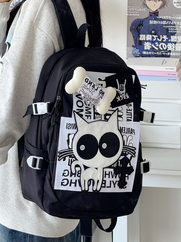 Crtić sladak ruksak velike kapacitete za školu i putovanja, Harajuku retro stil, motiv mačjih kostiju