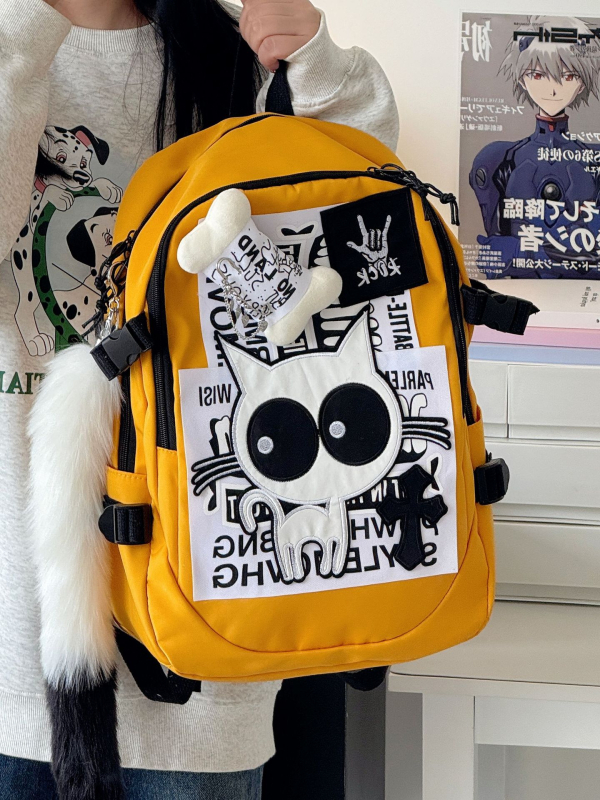 Crtić sladak ruksak velike kapacitete za školu i putovanja, Harajuku retro stil, motiv mačjih kostiju