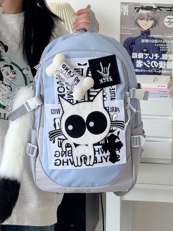 Crtić sladak ruksak velike kapacitete za školu i putovanja, Harajuku retro stil, motiv mačjih kostiju