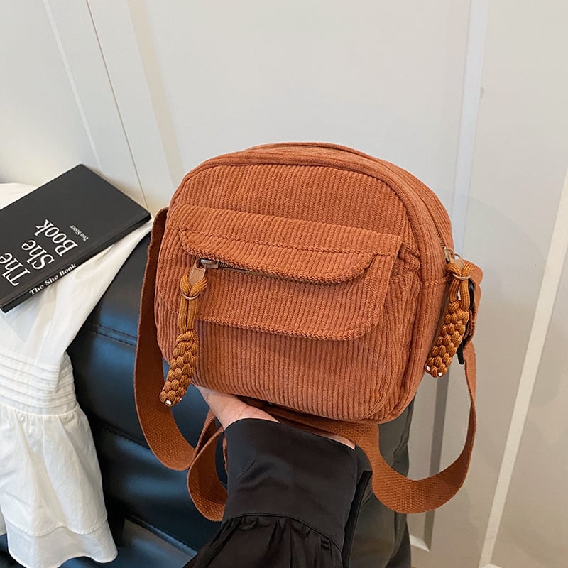 Vintage Corduroy ženska torbica preko ramena – crossbody, jednostavan japanski stil, svakodnevna torbica za mobitel
