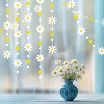 Ghirlandă de 4 m cu discuri circulare de margaretă albe și galbene – decor simplu pentru petreceri în interior și exterior