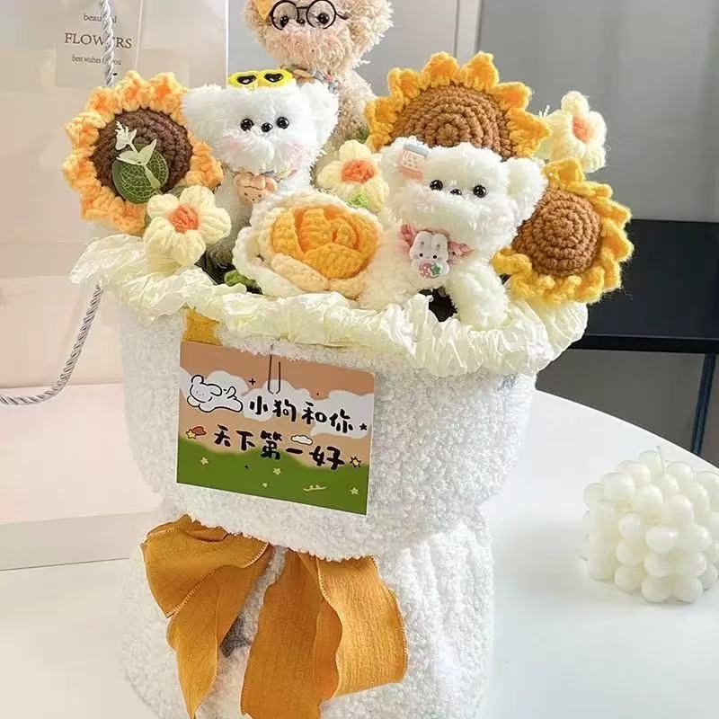 Buchet din flori de satin cu cățeluș plușat — flori țesute, floarea-soarelui și trandafiri, cadou pentru ziua de naștere și Ziua Internațională a Femeilor