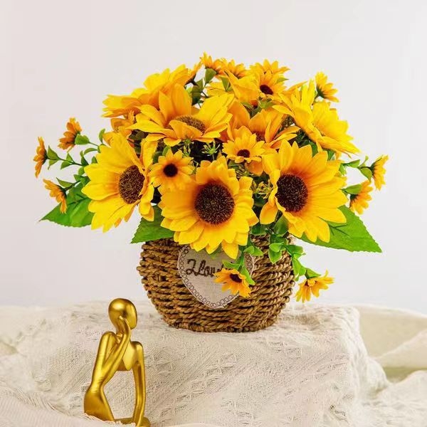 Flori de floarea-soarelui artificiale, buchet pentru masă, decor pentru living, aranjament floral din mătase