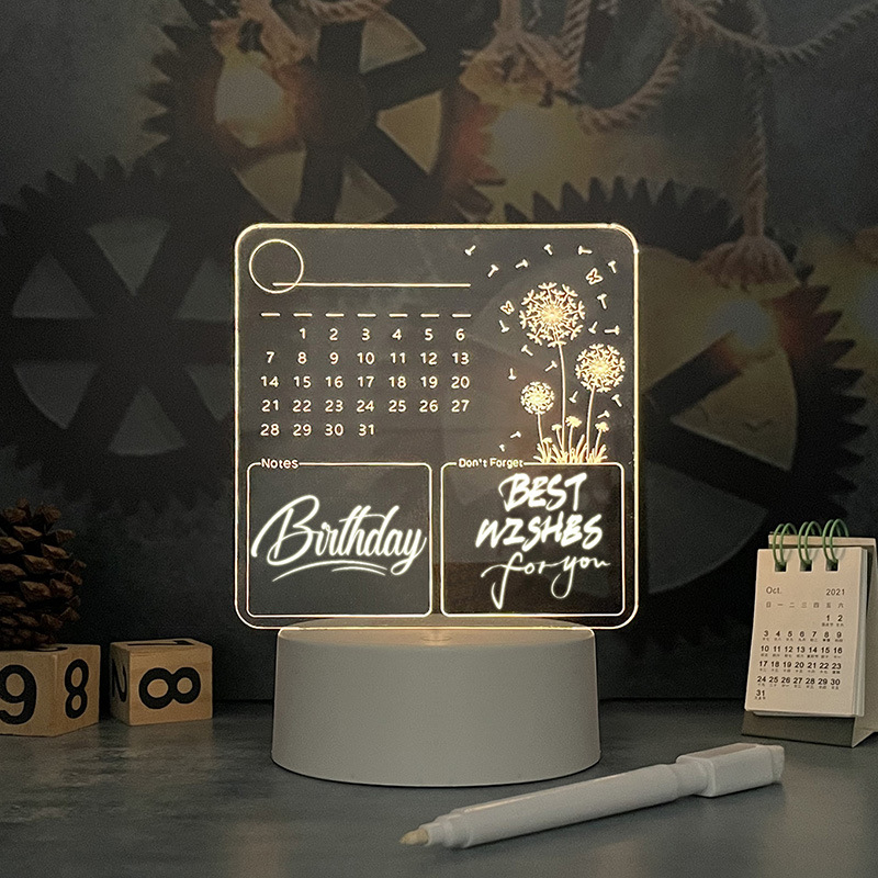 Calendar din acril, tablă de notițe iluminată, suport pentru pixuri, mică tablă albă pentru birou (120×130 mm)