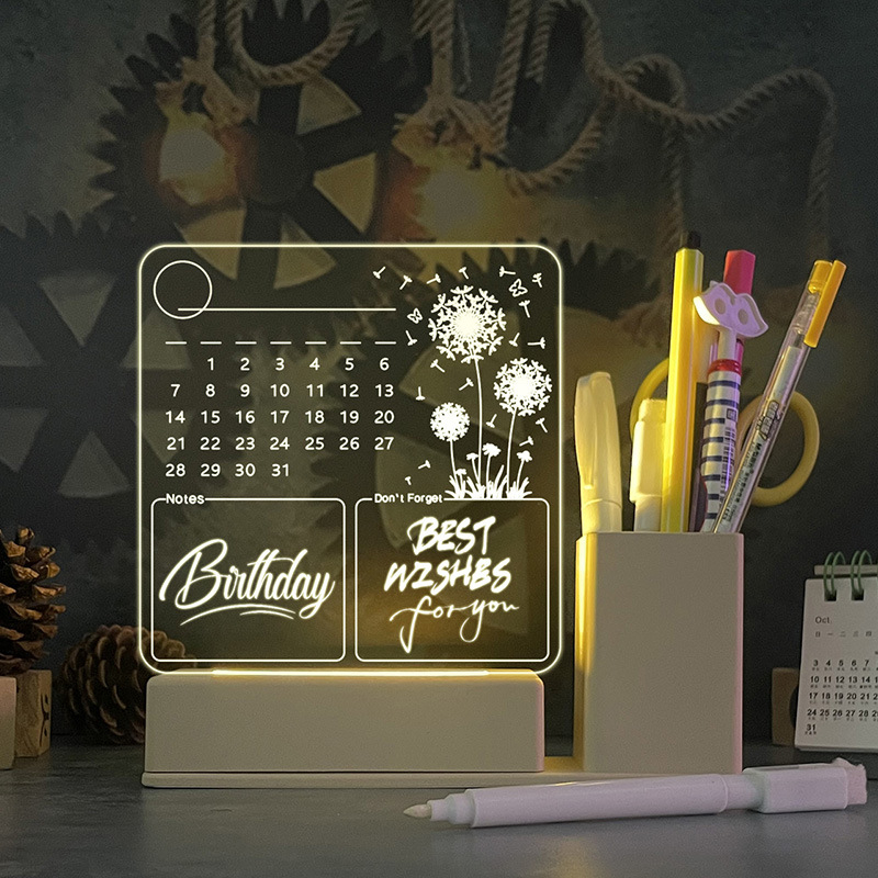 Calendar din acril, tablă de notițe iluminată, suport pentru pixuri, mică tablă albă pentru birou (120×130 mm)