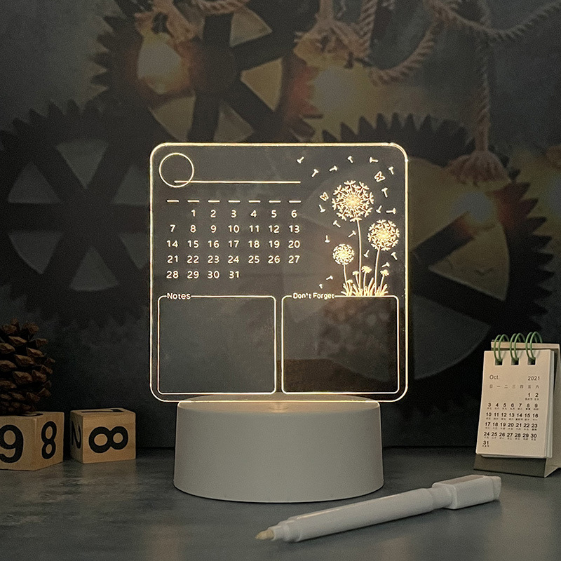 Calendar din acril, tablă de notițe iluminată, suport pentru pixuri, mică tablă albă pentru birou (120×130 mm)