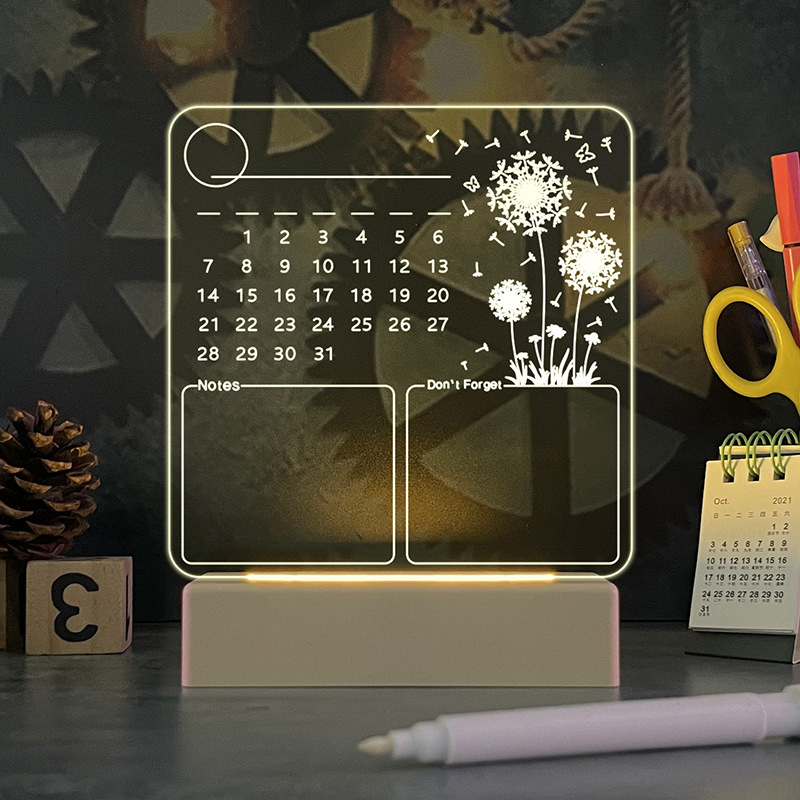 Calendar din acril, tablă de notițe iluminată, suport pentru pixuri, mică tablă albă pentru birou (120×130 mm)