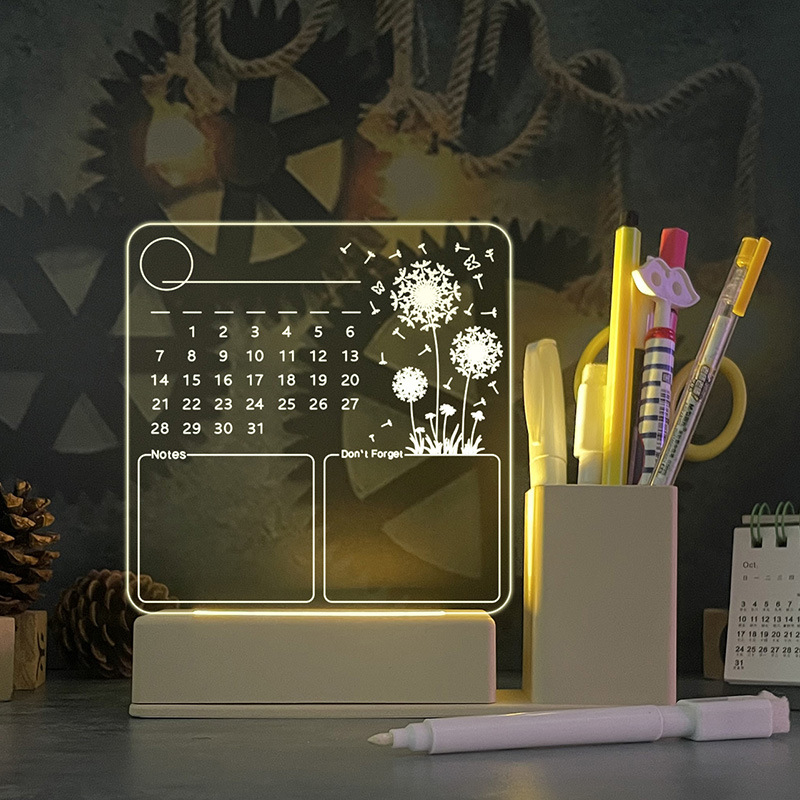 Calendar din acril, tablă de notițe iluminată, suport pentru pixuri, mică tablă albă pentru birou (120×130 mm)