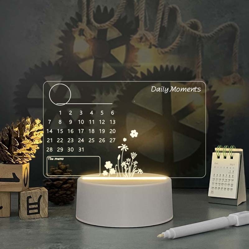 Calendar din acril, tablă de notițe iluminată, suport pentru pixuri, mică tablă albă pentru birou (120×130 mm)