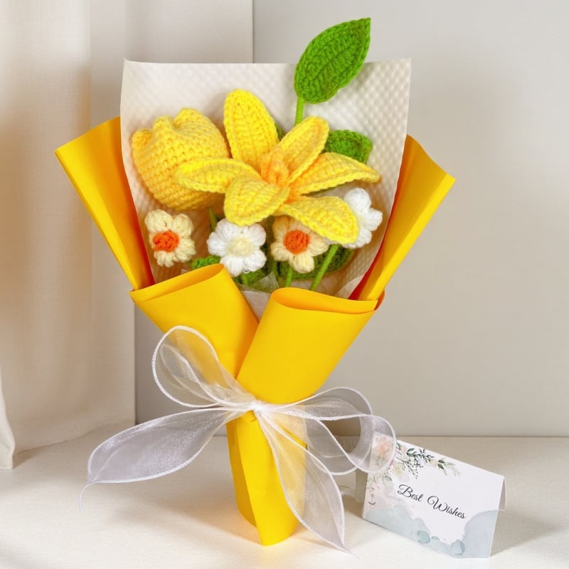 Buchet de lalele tricotate din lână, flori artificiale pentru decor și cadou