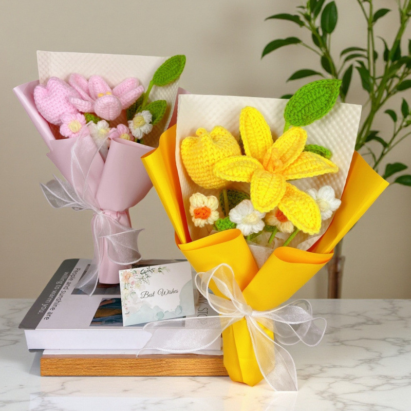 Buchet de lalele tricotate din lână, flori artificiale pentru decor și cadou