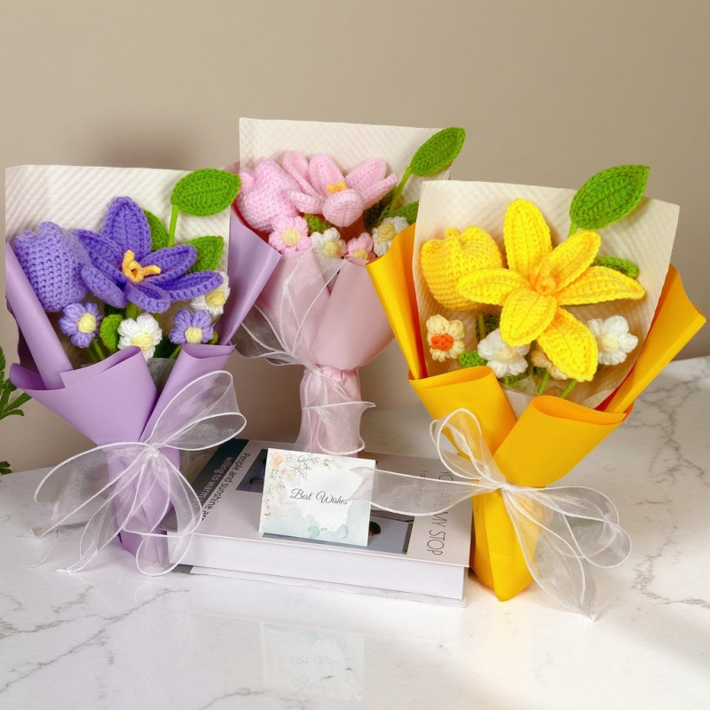 Buchet de lalele tricotate din lână, flori artificiale pentru decor și cadou