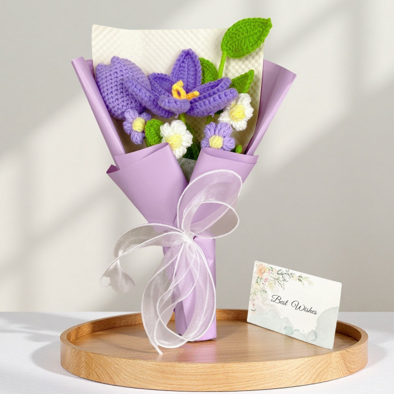 Buchet de lalele tricotate din lână, flori artificiale pentru decor și cadou