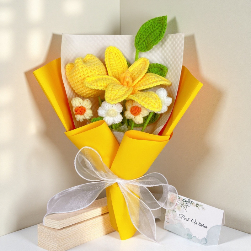 Buchet de lalele tricotate din lână, flori artificiale pentru decor și cadou