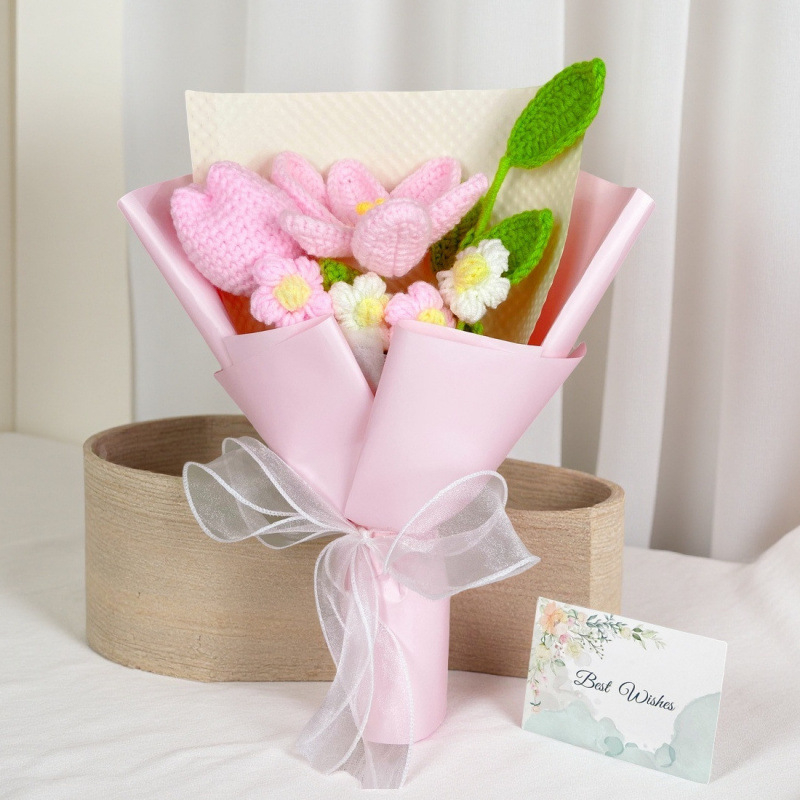 Buchet de lalele tricotate din lână, flori artificiale pentru decor și cadou