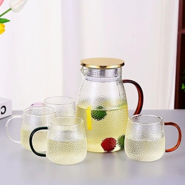 Carafă din sticlă pentru apă rece, capacitate mare, textură ciocan, rezistentă la căldură, pentru suc sau apă, set de carafe