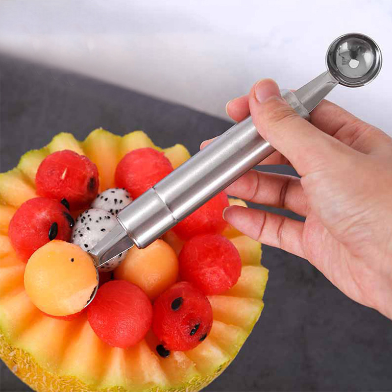 Lingură pentru fructe din oțel inoxidabil, lingură pentru pepene, platou de fructe, cuțit de tăiere ondulat, lingură dublă pentru fructe, îndepărtător de carne