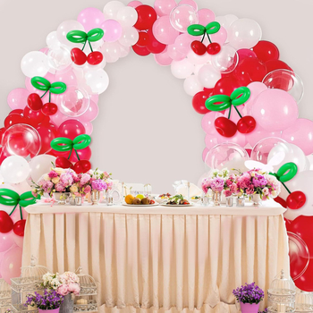 Set arc de baloane în temă cireșă: baloane roșii, roz și verzi cu dungi – decor DIY pentru ziua de naștere a unei fete