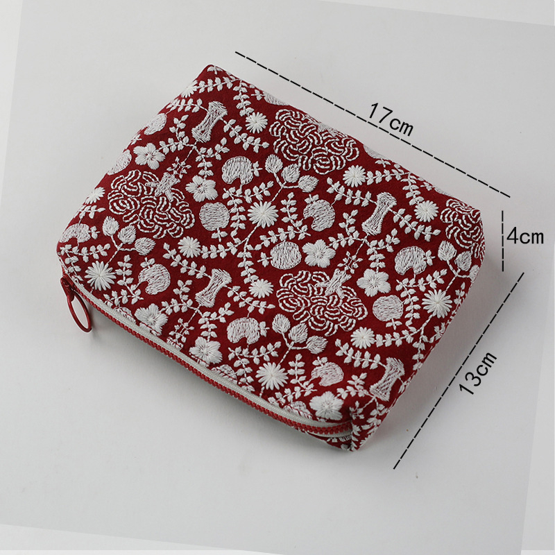 Geantă cosmetică cu broderie fină pe material textil, organizator portabil pentru machiaj și produse de îngrijire, stil INS