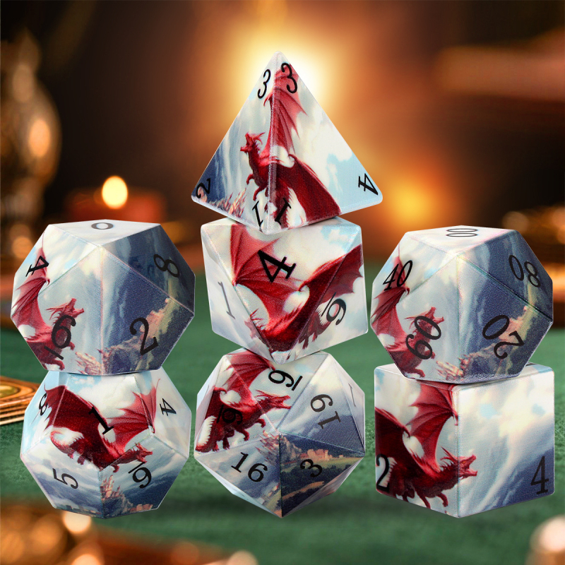 UV ispisani set od 7 poliedričnih kockica za Dungeons & Dragons – akril, dizajni: crveni zmaj i hobotnica