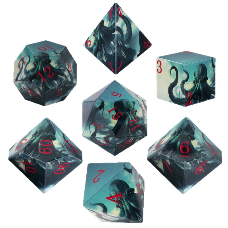 UV ispisani set od 7 poliedričnih kockica za Dungeons & Dragons – akril, dizajni: crveni zmaj i hobotnica